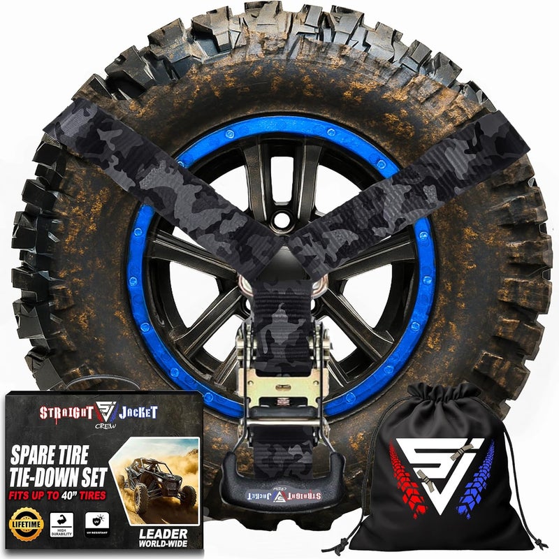 Straight Jacket Crew Y Strap for Spare Tire - Heavy Duty Spare Tire Strap for UTV, Offroad Accessories & Roof Rack, 3 Way Ratchet Strap Tie Down- 1.6" Wide, Can Secure Up to 40" Tire by (Black Camo) - Image 1